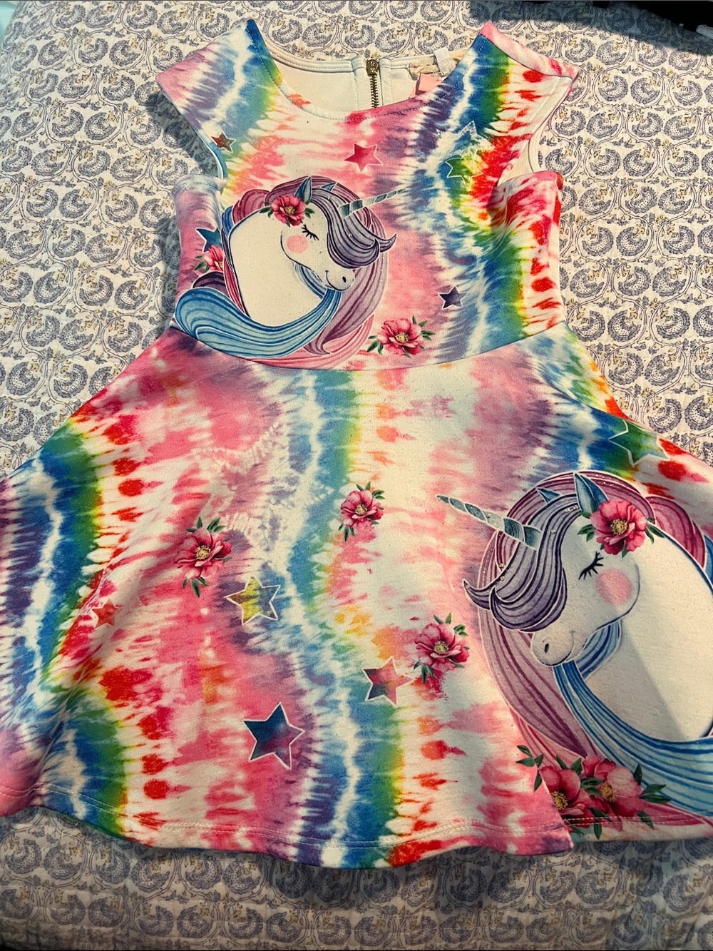 Baby Sara Girls Rainbow Tie-Dye Unicorn Skater Dress - Pink Multicolor